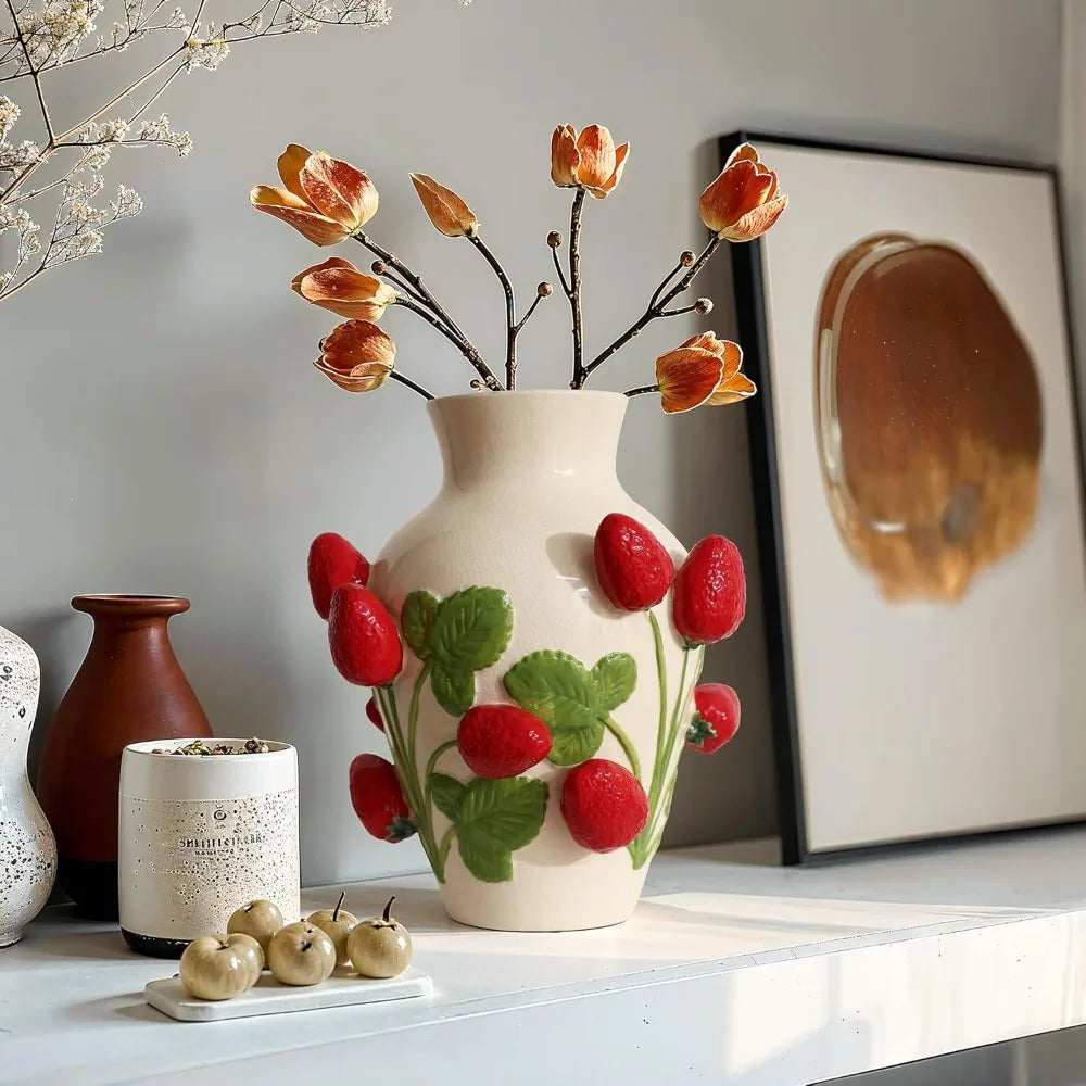Unique Ceramic Flower Vase, with Red Strawberries