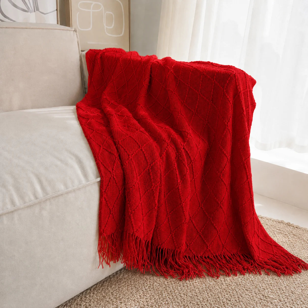 Dark Brown Wavy Chevron Textured Knit Throw Blanket with Tassel Fringe,