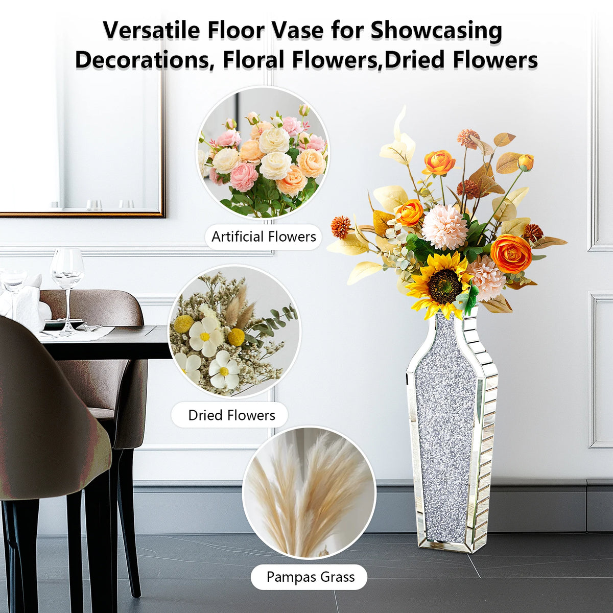 Tall Flower Vase Crushed Diamond Mirrored Floor Home Deco Vase