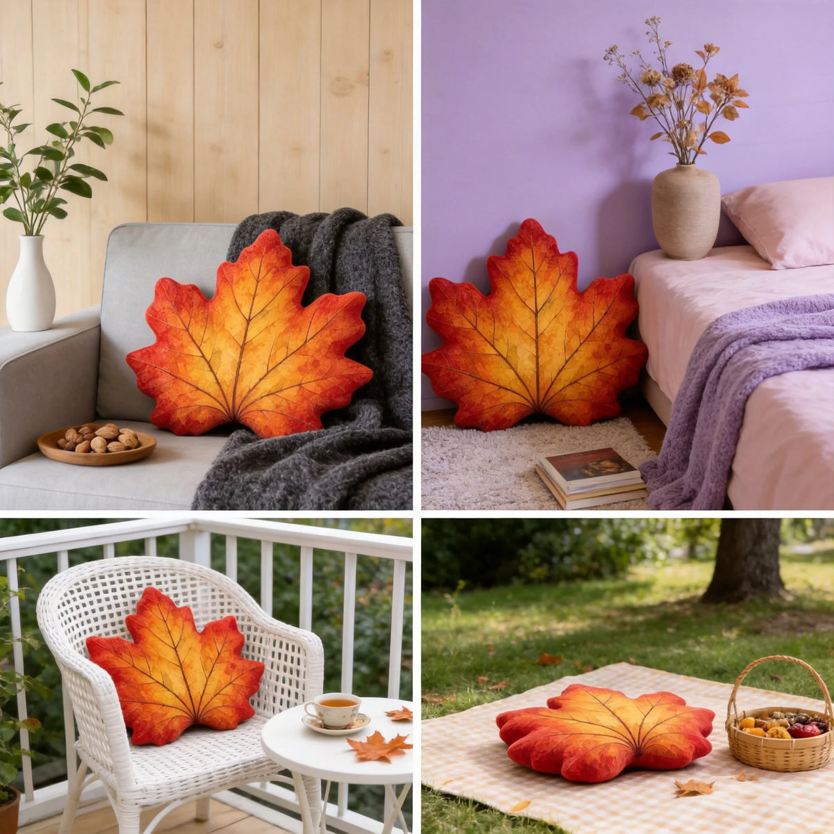 Fall Red Orange Maple Leaf Shaped Decorative Pillow, 2D