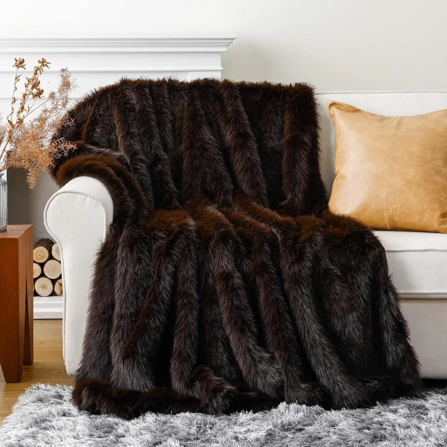 Luxury Brown Faux Fur Throw Blanket, Large King Size 60x80