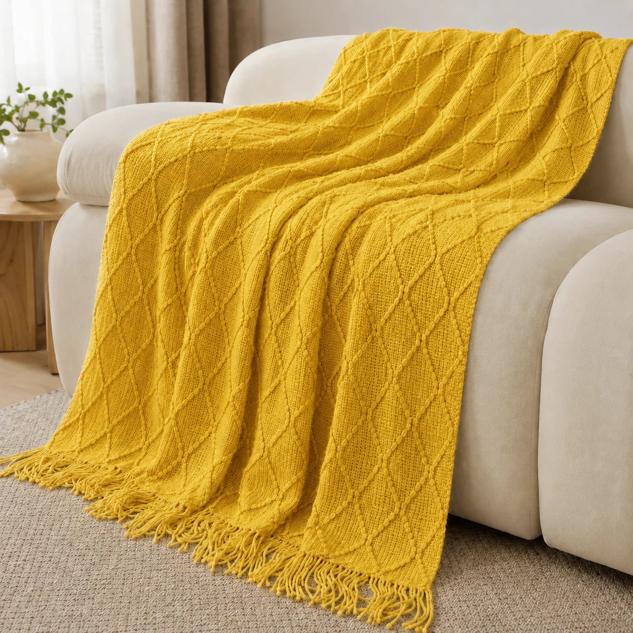 Textured Knit Throw Blanket with Tassel Fringe, Soft Knitted Decorative Blanket,