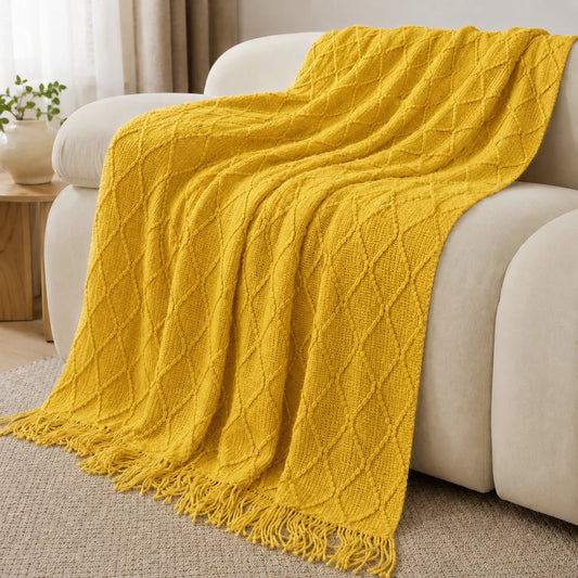Textured Knit Throw Blanket with Tassel Fringe, Soft Knitted Decorative Blanket,