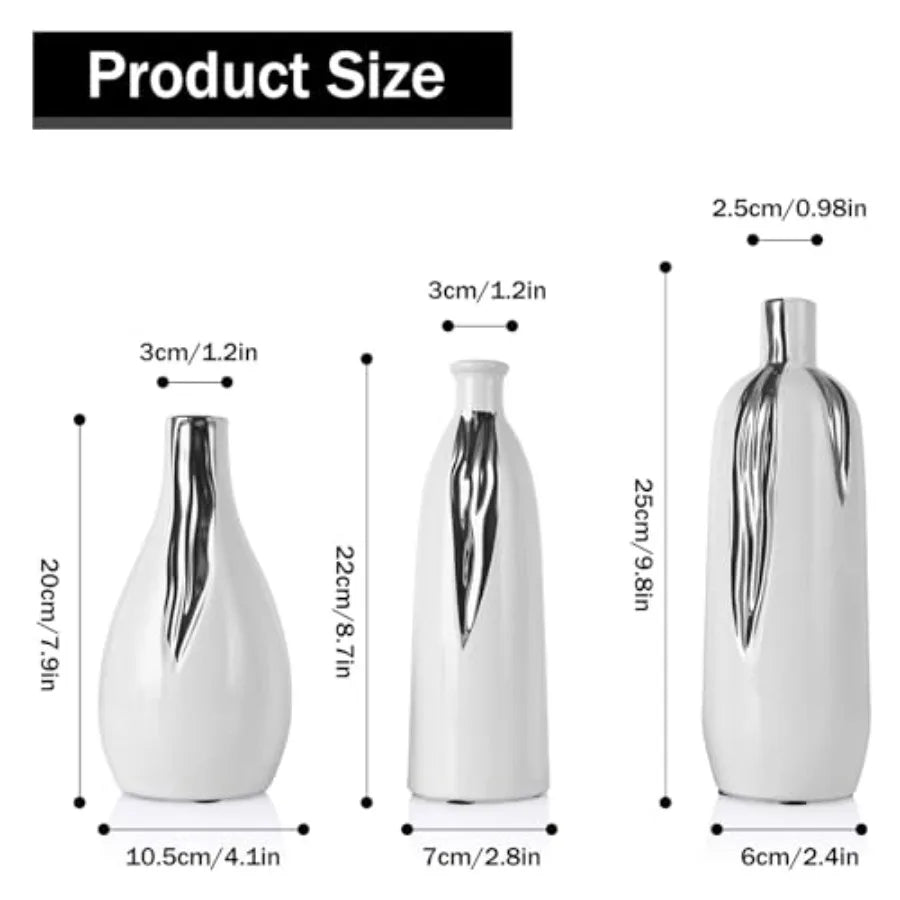 Ceramic Vase 3 Pcs Set, White and Silver Vases for Home Decor, Decorative Vases for Mantels, Shelves and Entryway Decor, Dining