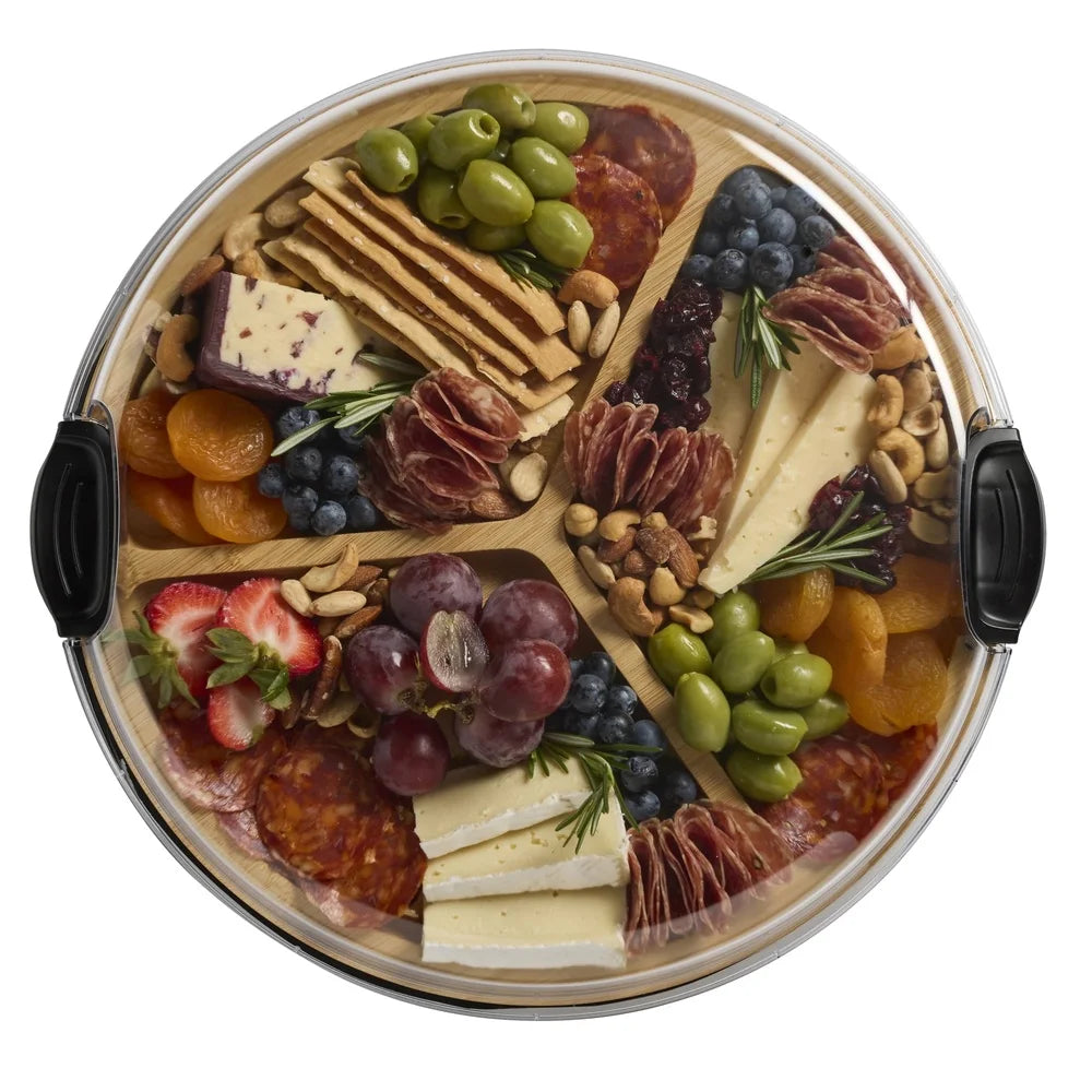 Round Bamboo Charcuterie Board 14 Inch 3 Compartments Locking Lid