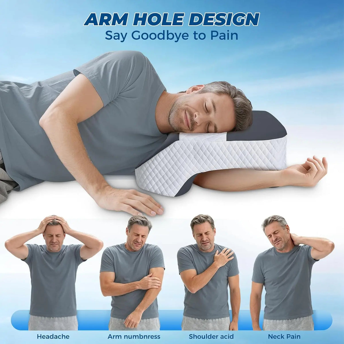 Side Sleeper Pillow with Arm Holes, 2 in 1 Shoulder Relief System