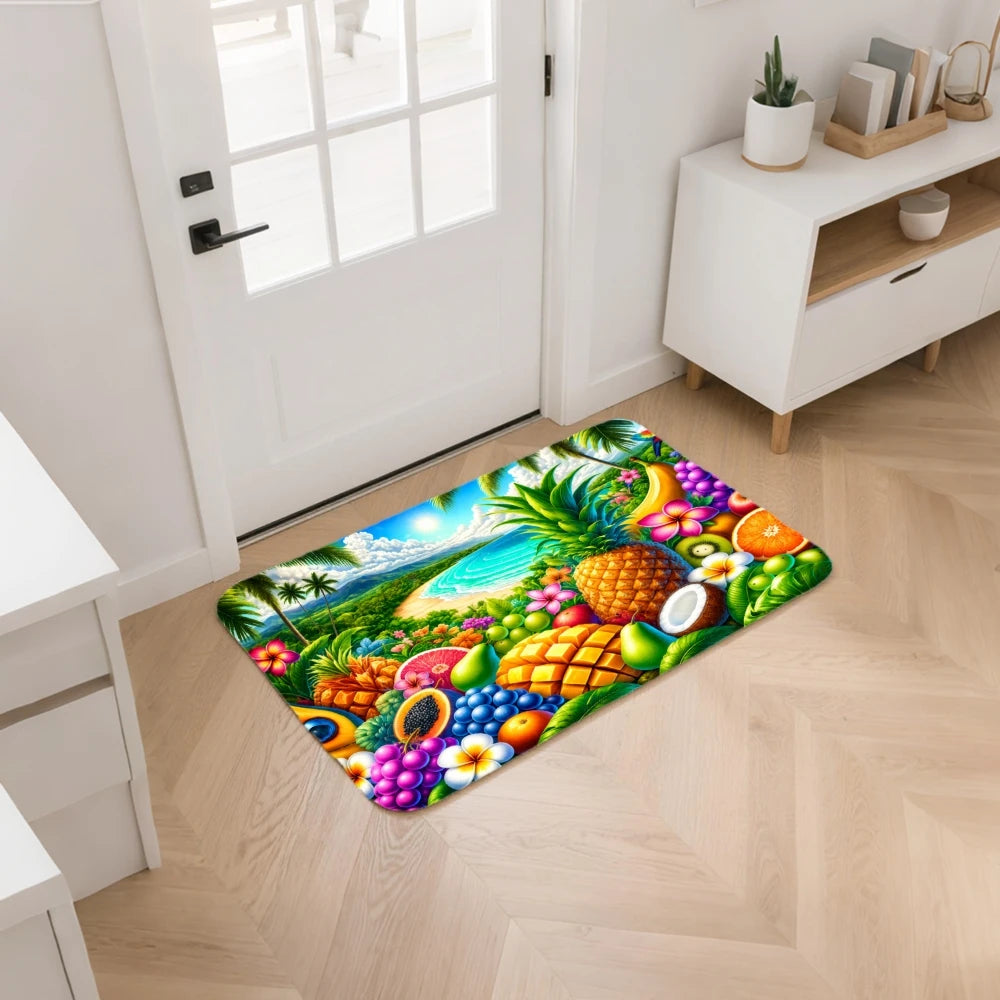 3PCS Mat Set,  Front Door, Kitchen,  Tropical Fruits Palm Trees Flowers Waterfall