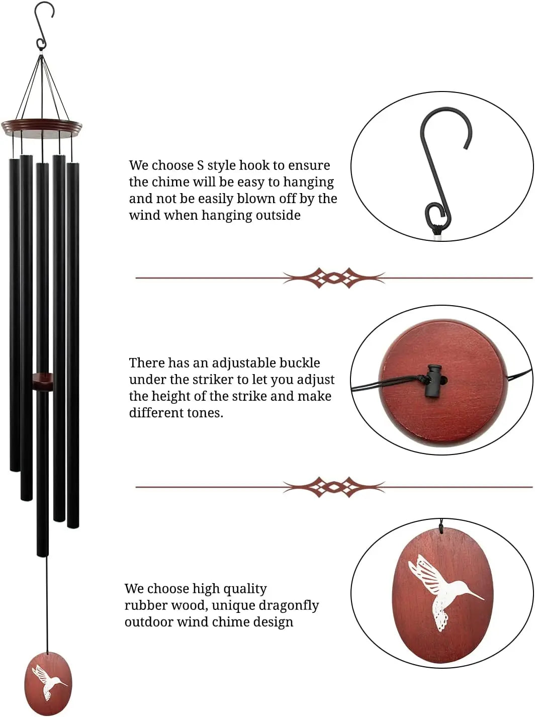 60-Inch Wind Chimes with Deep Tones, 5 Tuned Aluminum Tubes