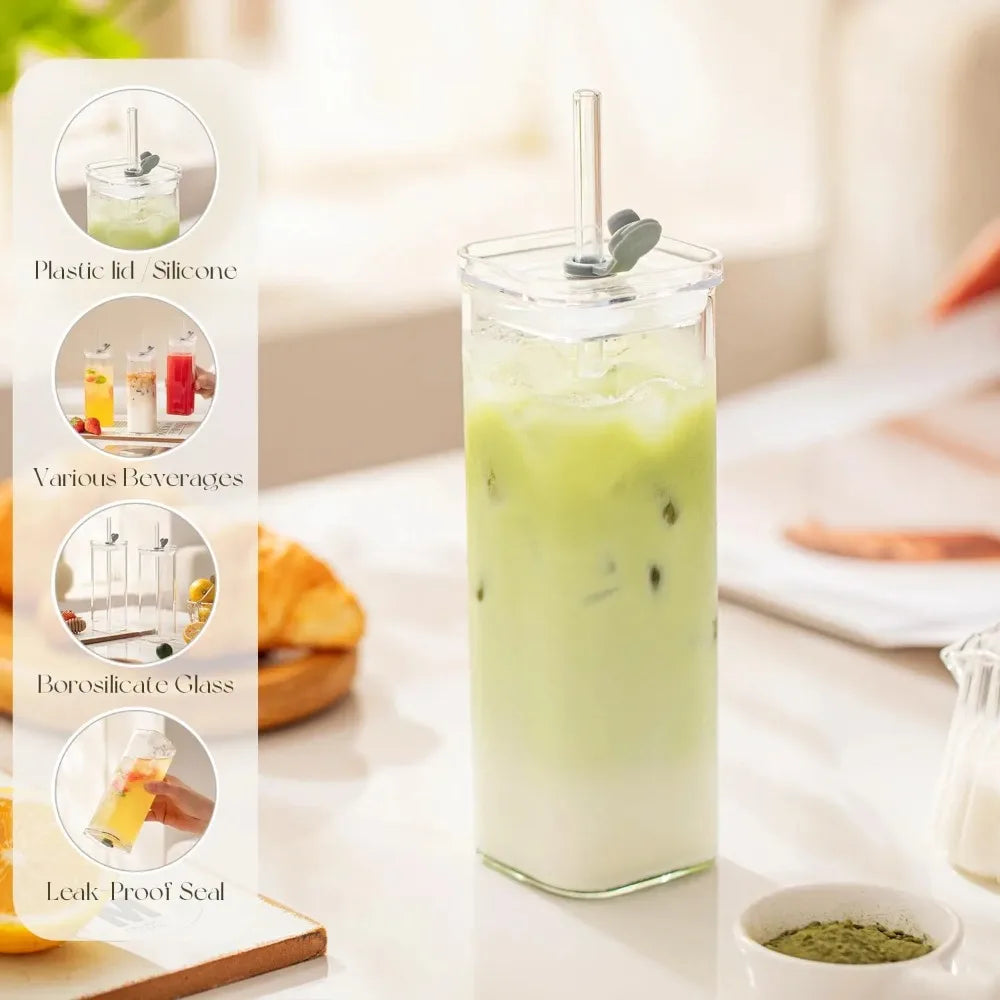 Square Glass Tumblers with Lid & Straw –(Lids Straws Included)