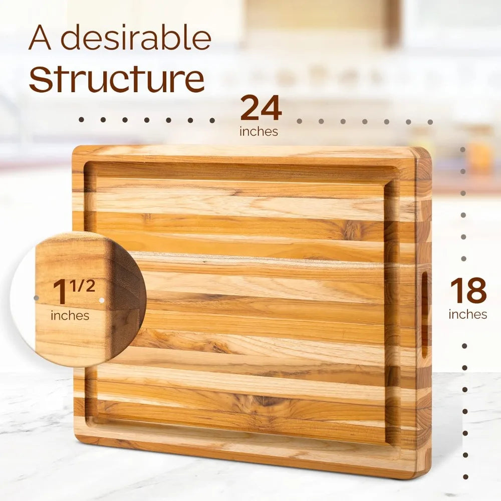 Large Edge Grain Teak Cutting Board for Kitchen, 24''L x 18''W x 1.5'