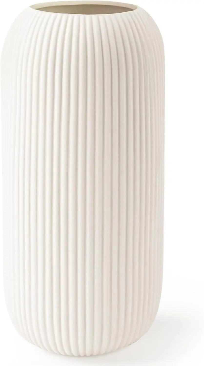 Modern Ribbed Ceramic Vase - 8" Small White Flower Vase