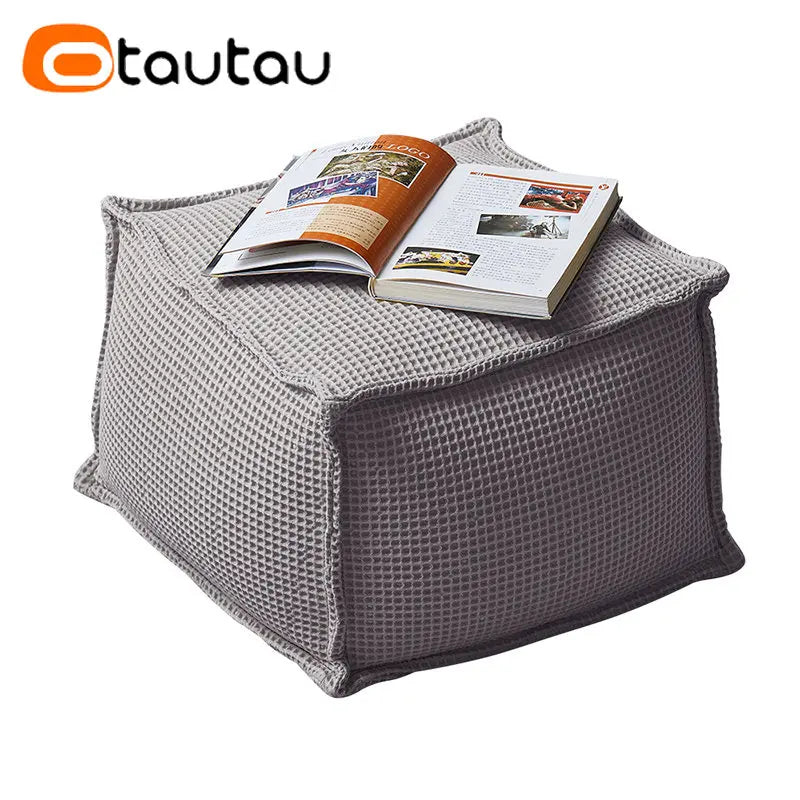 OTAUTAU 100% Pure Cotton Waffle Beanbag Stool Ottoman with Filling Square