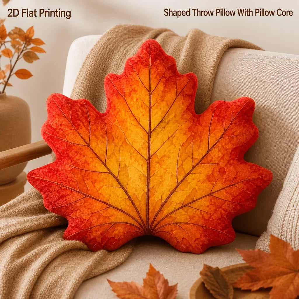 Fall Red Orange Maple Leaf Shaped Decorative Pillow, 2D