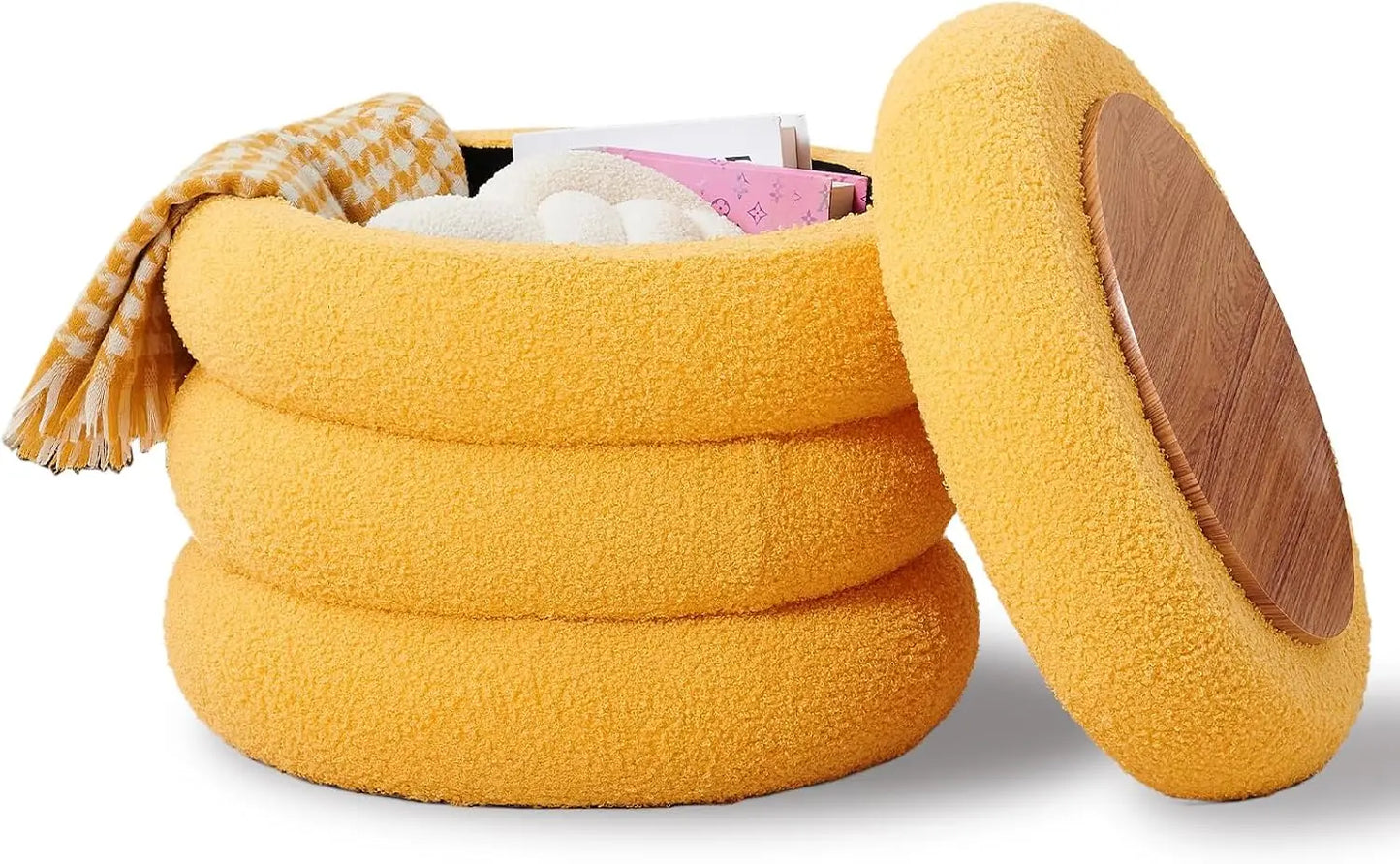 Round Storage Ottoman, Vanity Stool - Flip-Top Tray,