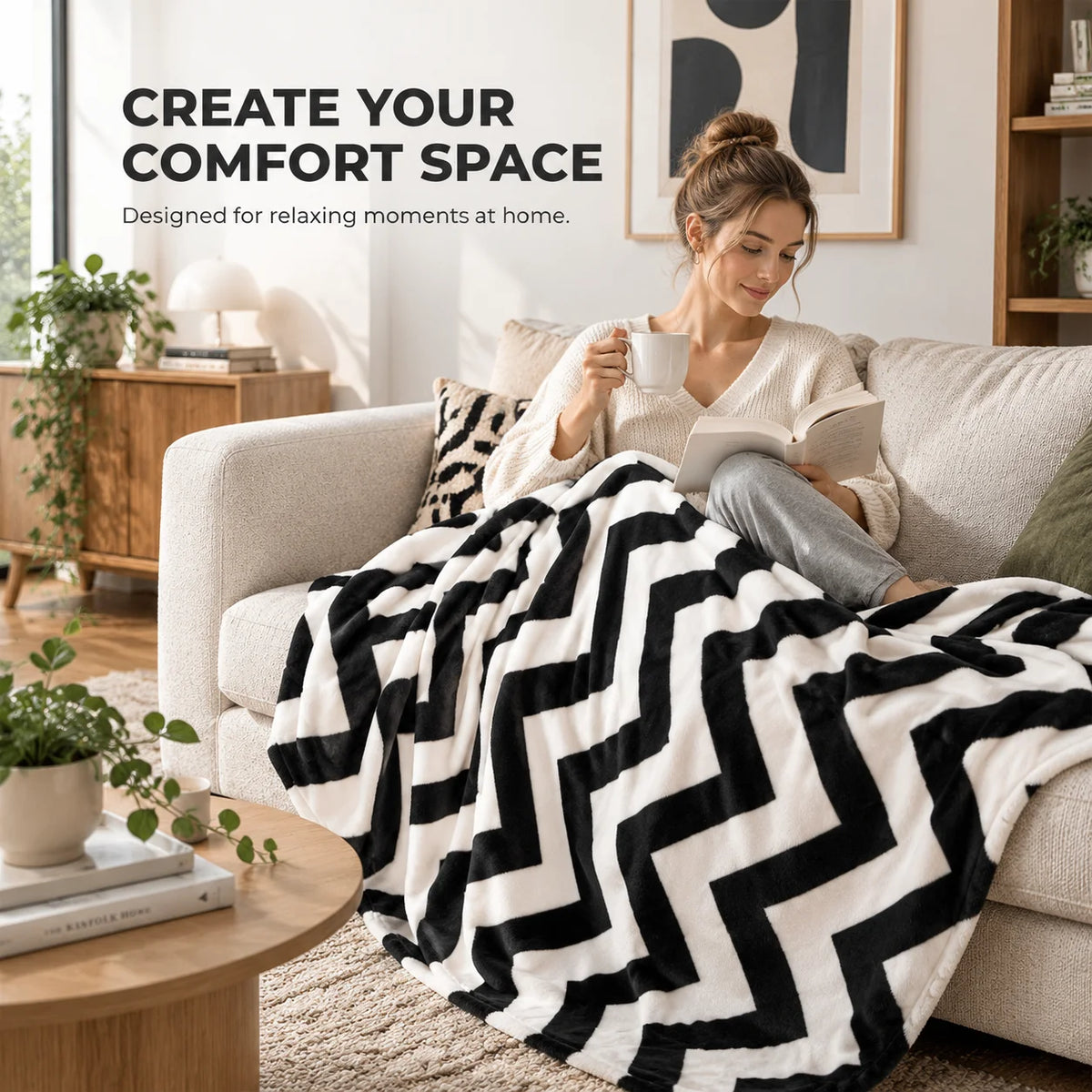 Black White Geometric Flannel Fleece Blanket, Soft Plush Throw