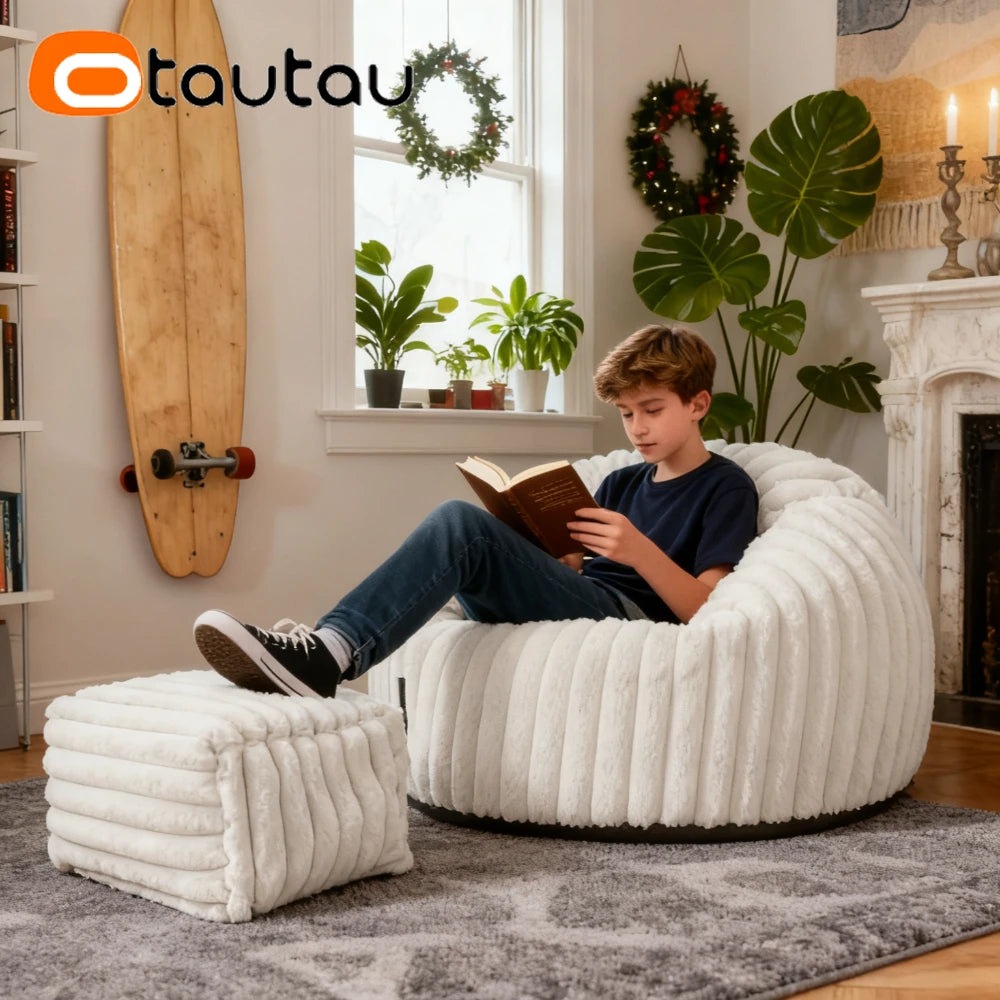 OTAUTAU Children Adults 2.6ft Thick Soft Fluffy Faux Fur Fluffy Bean Bag Chair with Filling Winter Christmas Pouf Ottoman DD234