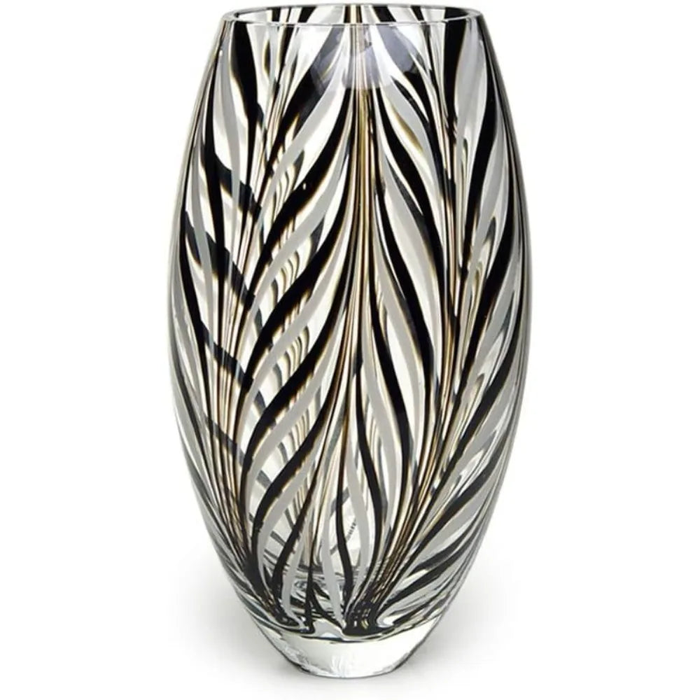 Glass Vase Black and White Feather Pattern Hand Blown