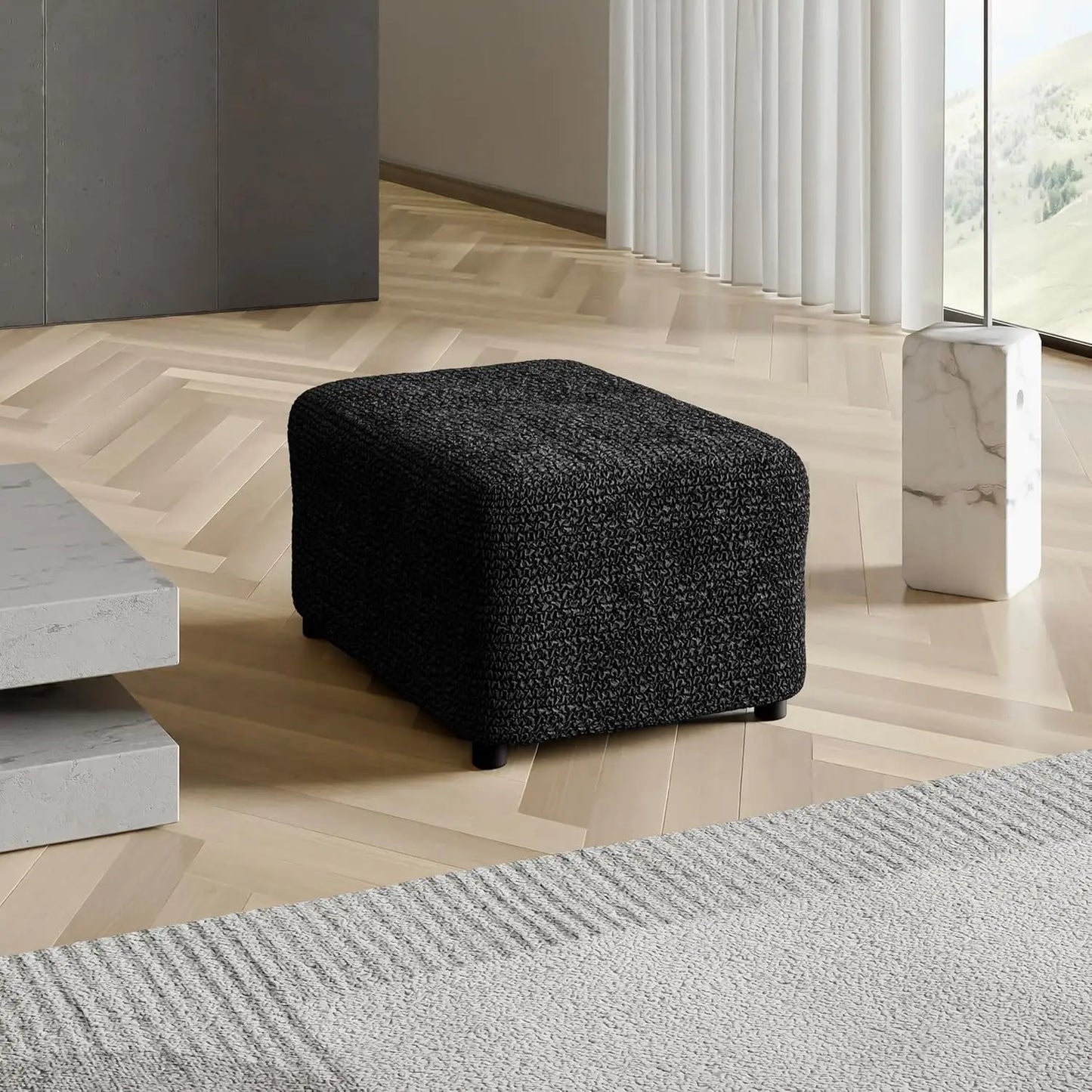 Ottoman Cover Stool Cover Pouf Slipcover - 1-Piece Form Fit Stretch