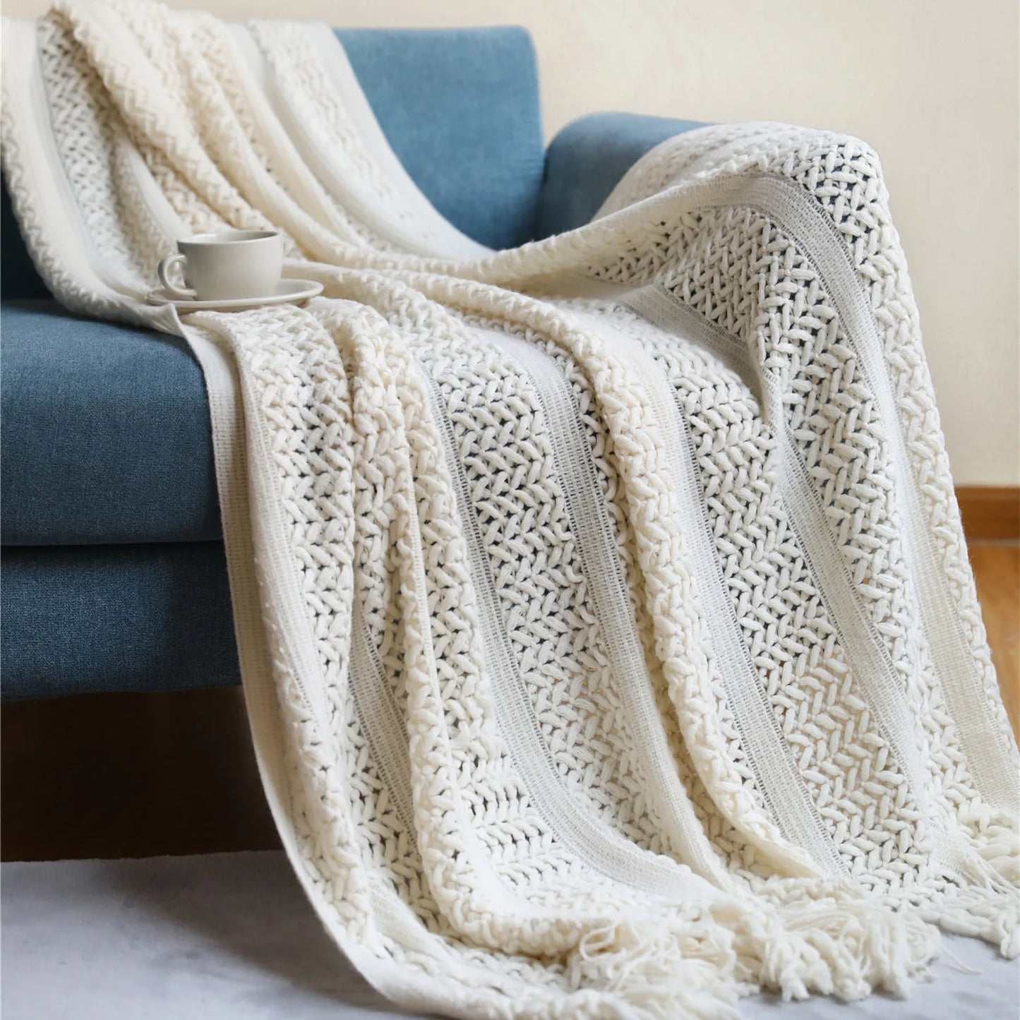 Nordic Crocheted Blanket Khaki Throw Blanket Tassels