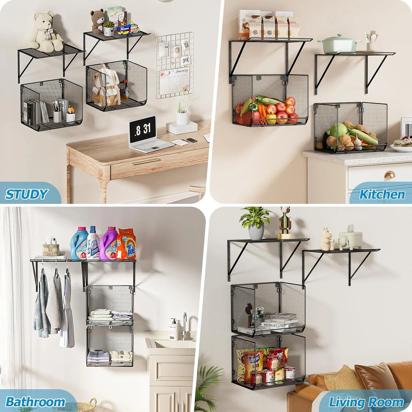 2-Pack Wall-Mounted Laundry Shelves with Mesh Baskets
