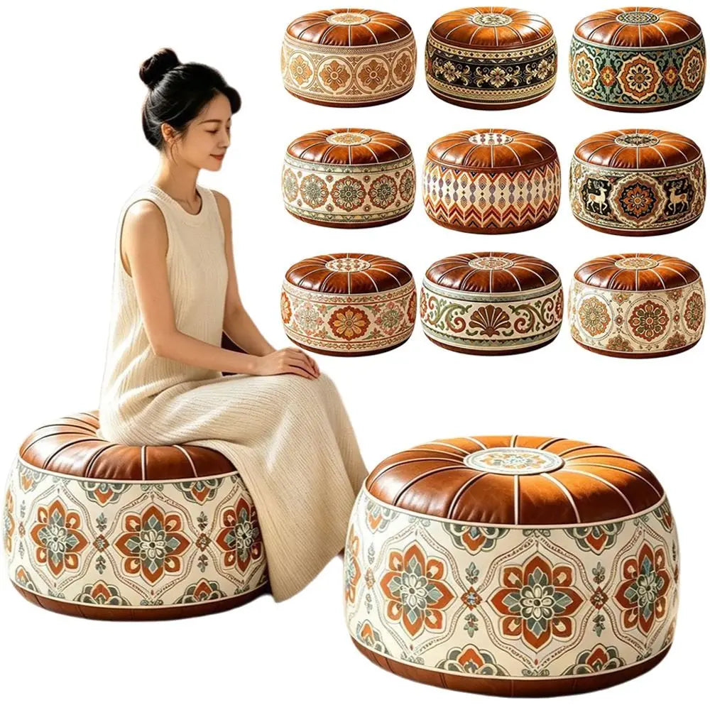 Leather Fillable Ottoman Pouf Embroidered Pattern Moroccan Style, Storage