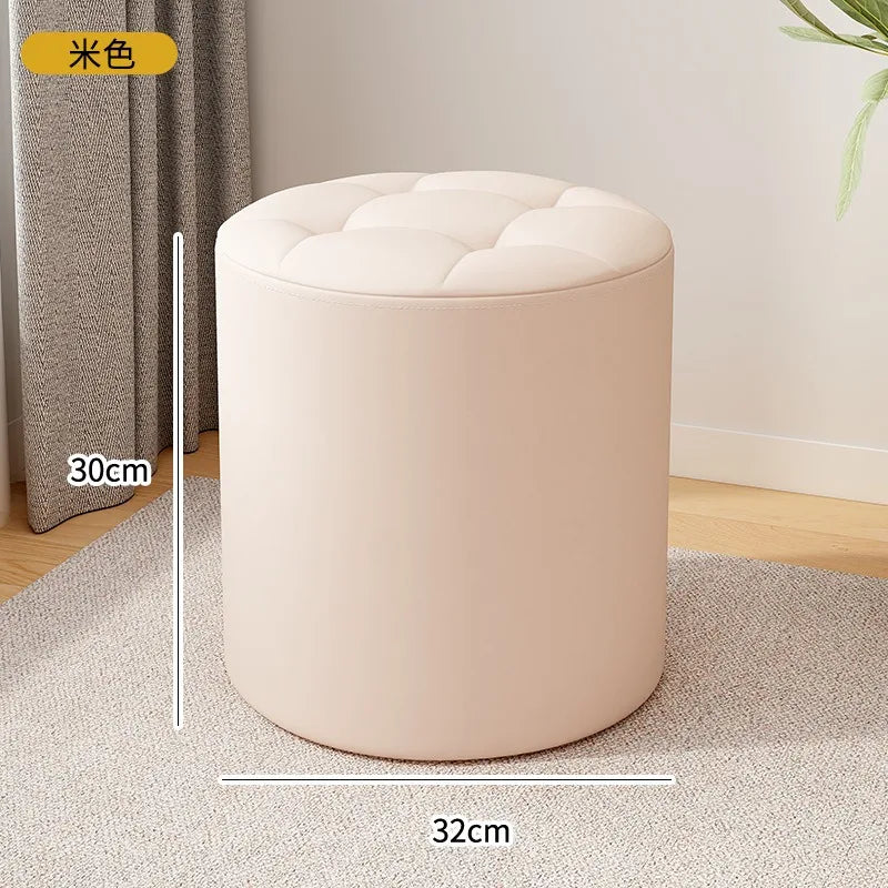 Round Ottoman Stool, PU Leather Footrest with Non-Slip Base