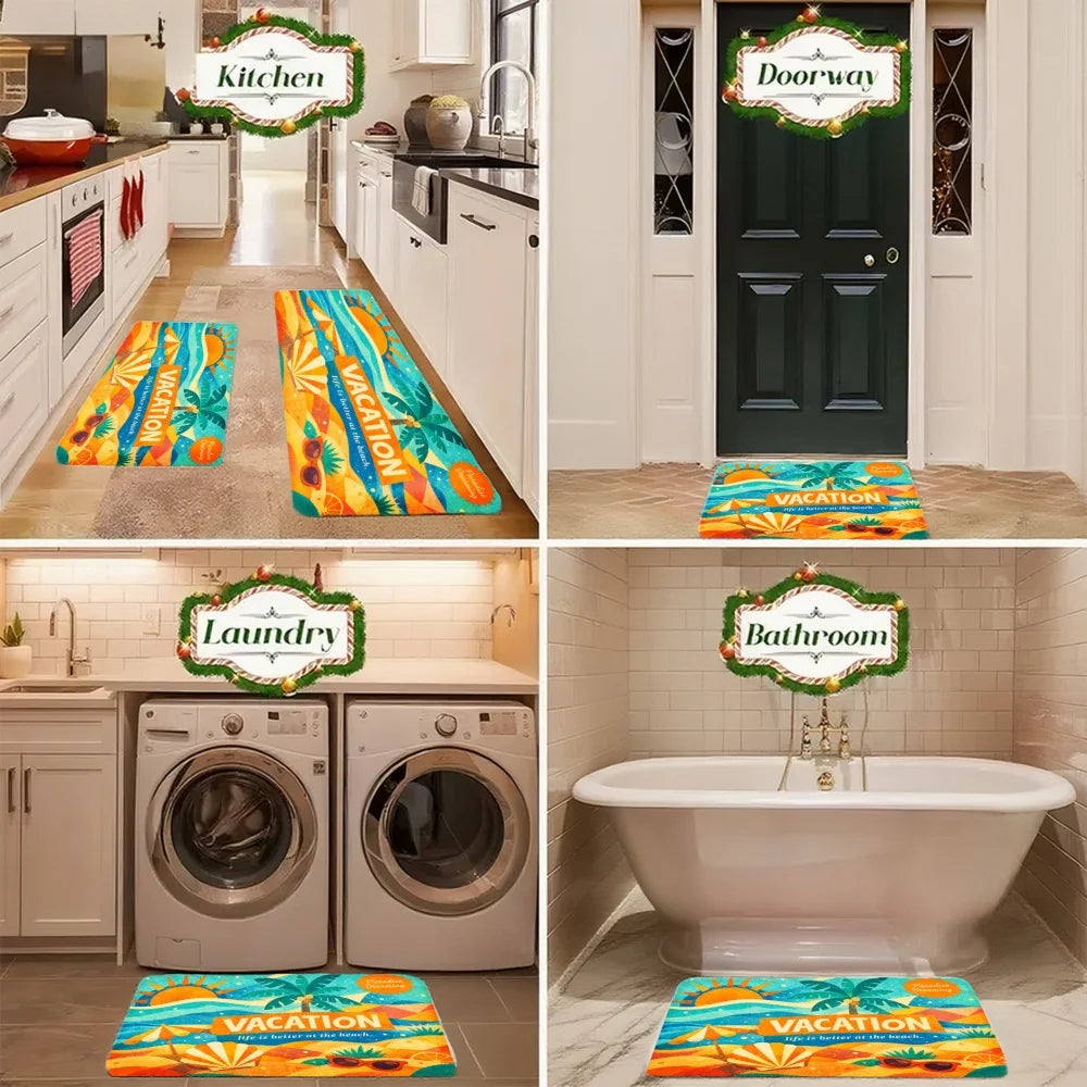 3PCS Kitchen Rugs, Palm Tree Sun Sunglasses Wave Dining Mat