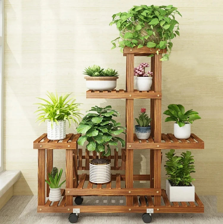 6 Tier Wood Plant Stand Vertical Carbonized Indoor - Outdoor