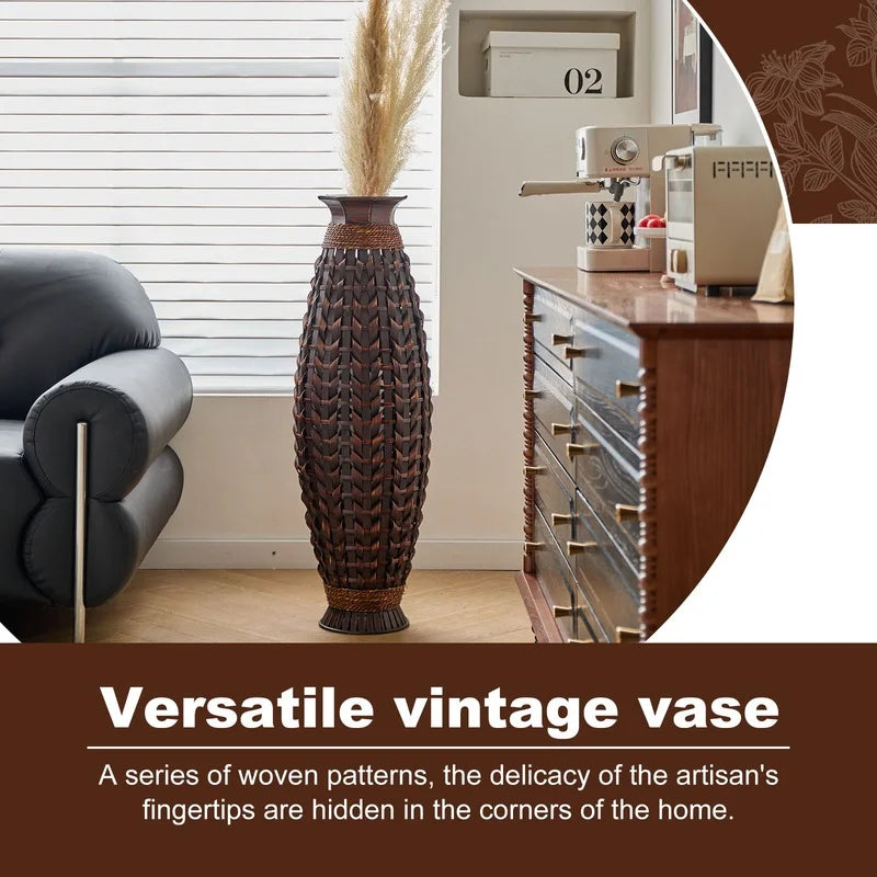 Handwoven Bamboo Floor Vase, 38.97" Tall Rustic Deco Natural Woven Design- Dried Branches