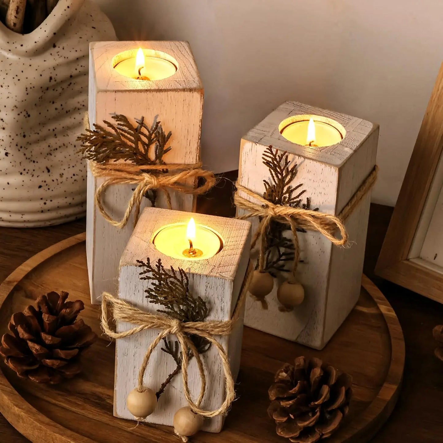 White Farmhouse Candle Holder with Flameless LED Candles F