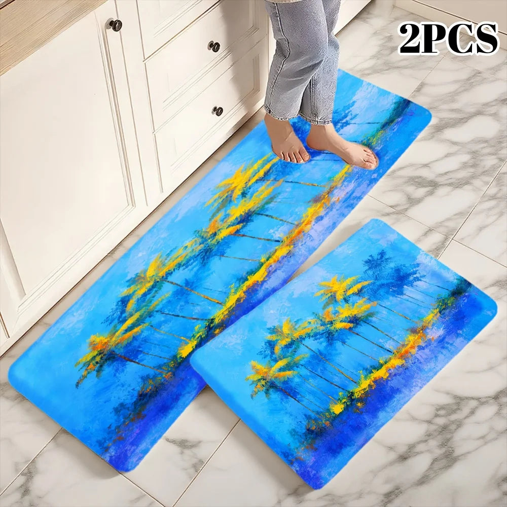3PCS Kitchen Rugs, Kitchen, Bathroom, Blue Sky Palm Trees Tropical Beach