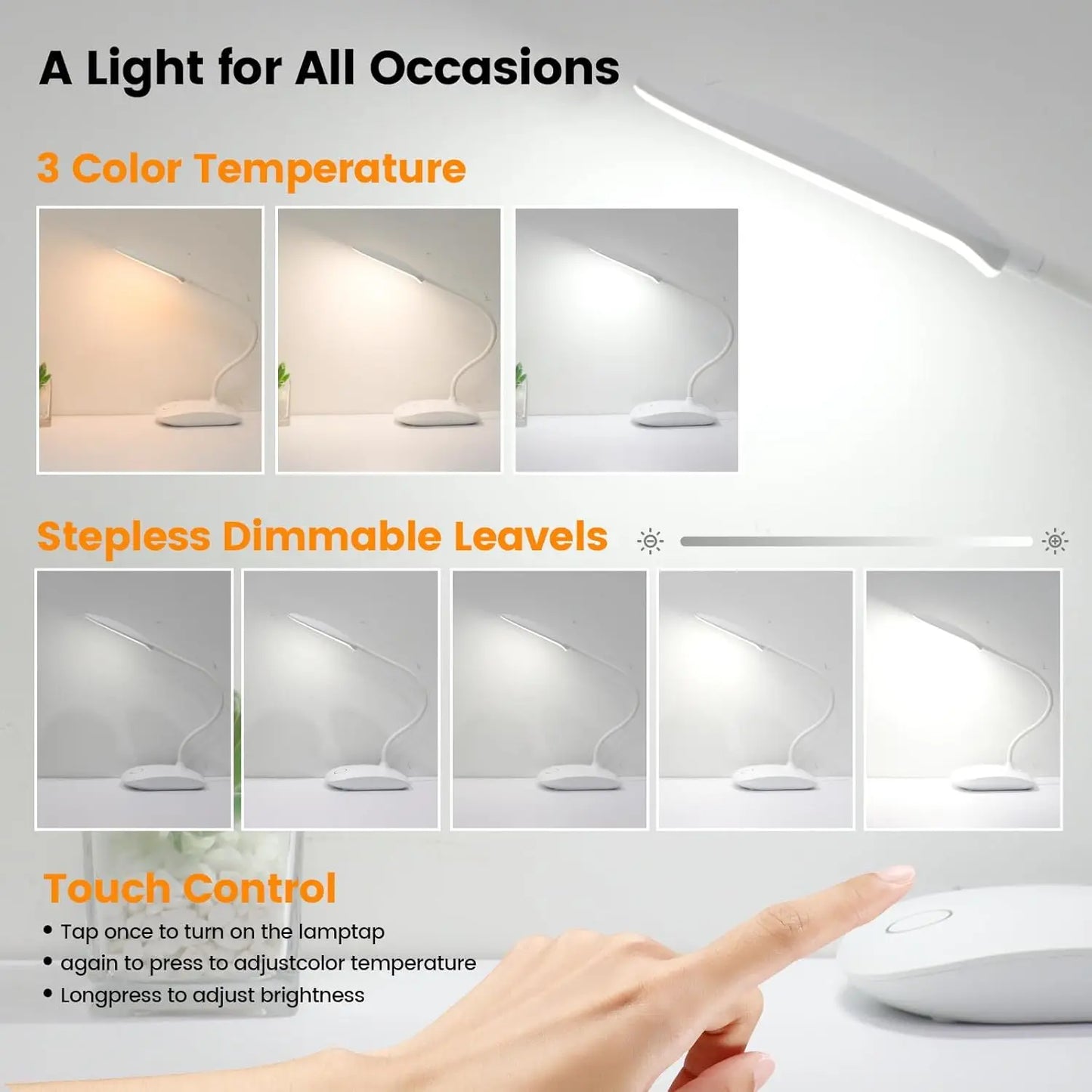 Rechargeable Touch Control Lamp, 2000mAh Built-in, Up to 30H Use,