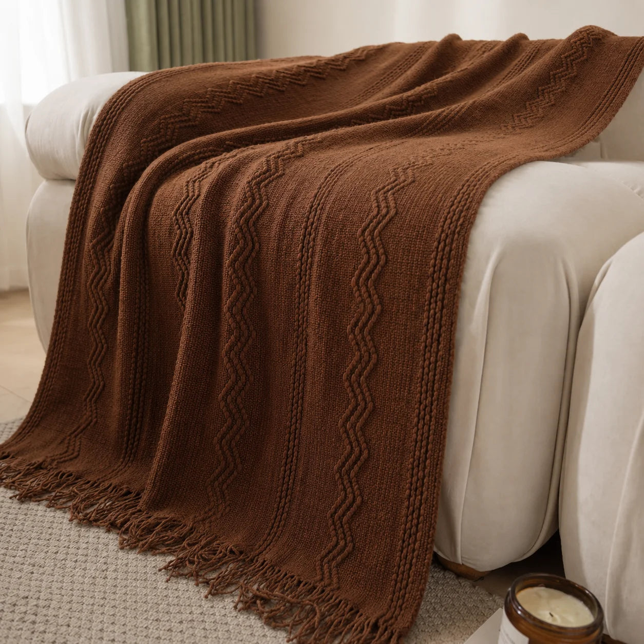 Textured Knit Throw Blanket with Tassel Fringe, Soft Knitted Decorative Blanket,