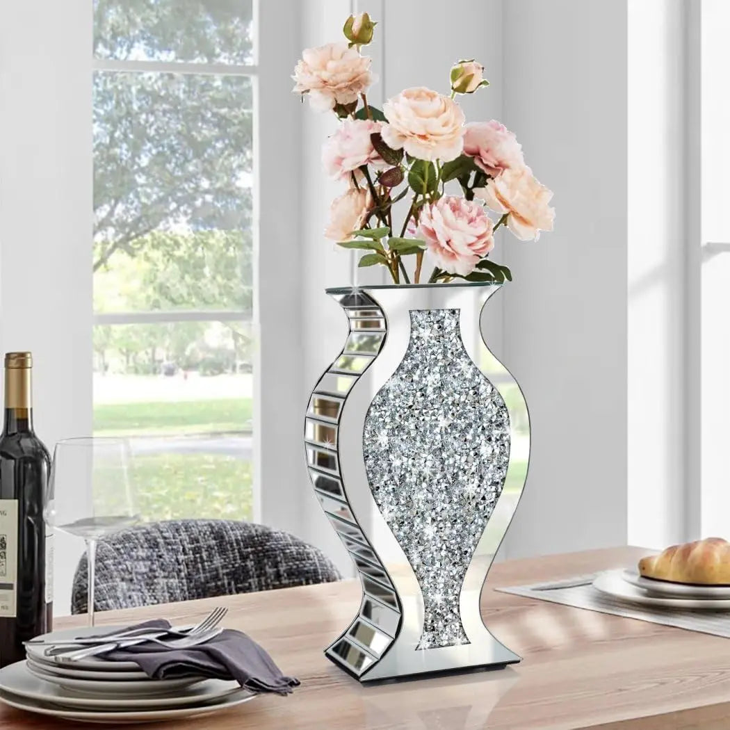 Crushed Diamond Mirror Vase Crystal Silver Glass