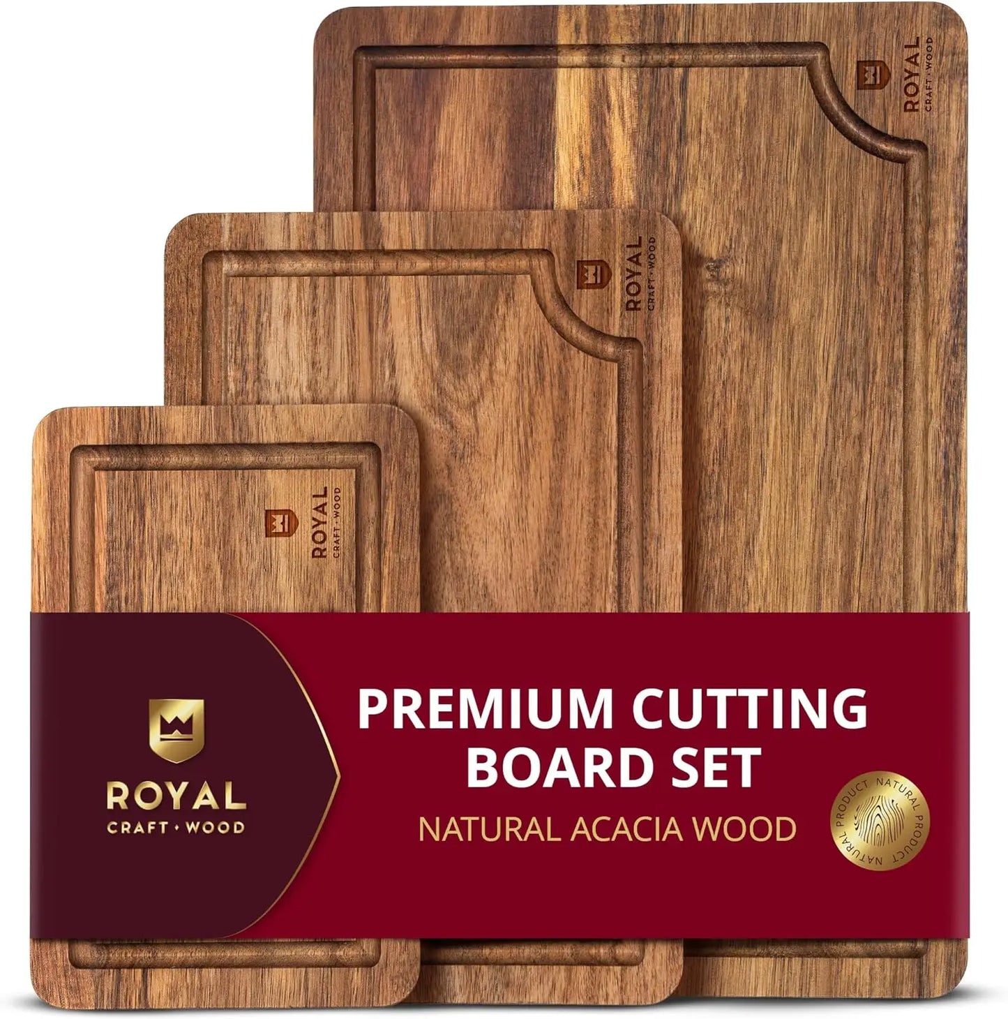 Acacia Wood Cutting Boards Set of 3 with Deep Juice Groove