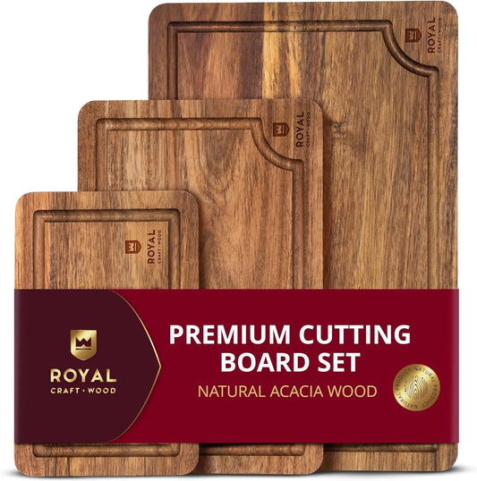 Acacia Wood Cutting Boards Set of 3 with Deep Juice Groove