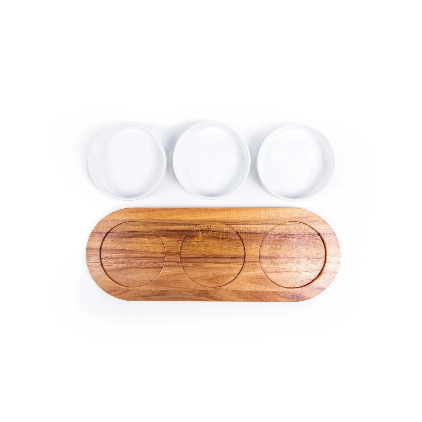Tray - condiment bowl, white ceramic - acacia wood tray