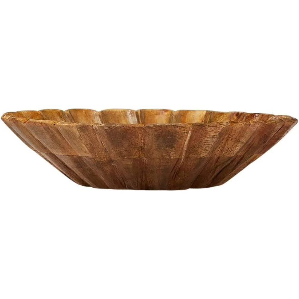 Boho Carved Wood Bowl Scalloped Edge Food Safe Mango Wood Decorative Centerpiece Modern Scandinavian Design 8 Inch