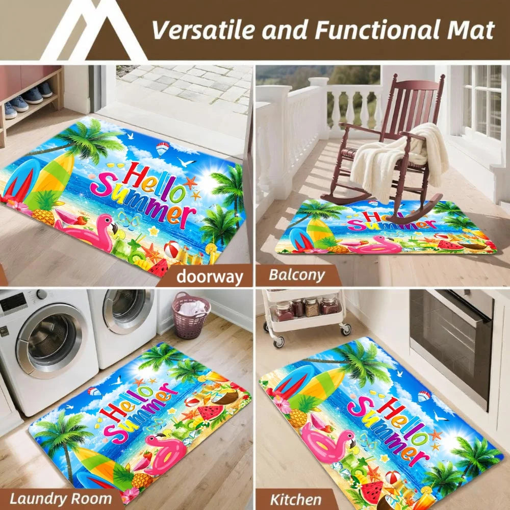 3PCS Rugs,Hello Summer Palm Trees Beach Ball Watermelon Dining Mat