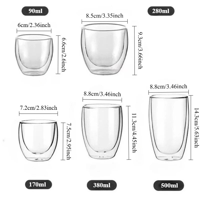 5 Sizes Double Wall Insulated Glass Cup Clear Espresso Coffee Mugs