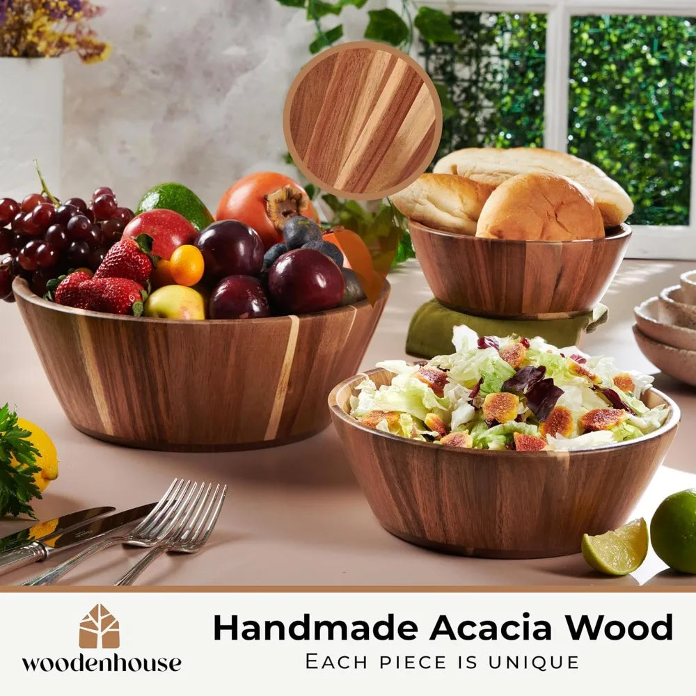 Wooden Bowls, Wooden Salad Bowl Set of 3 - Round
