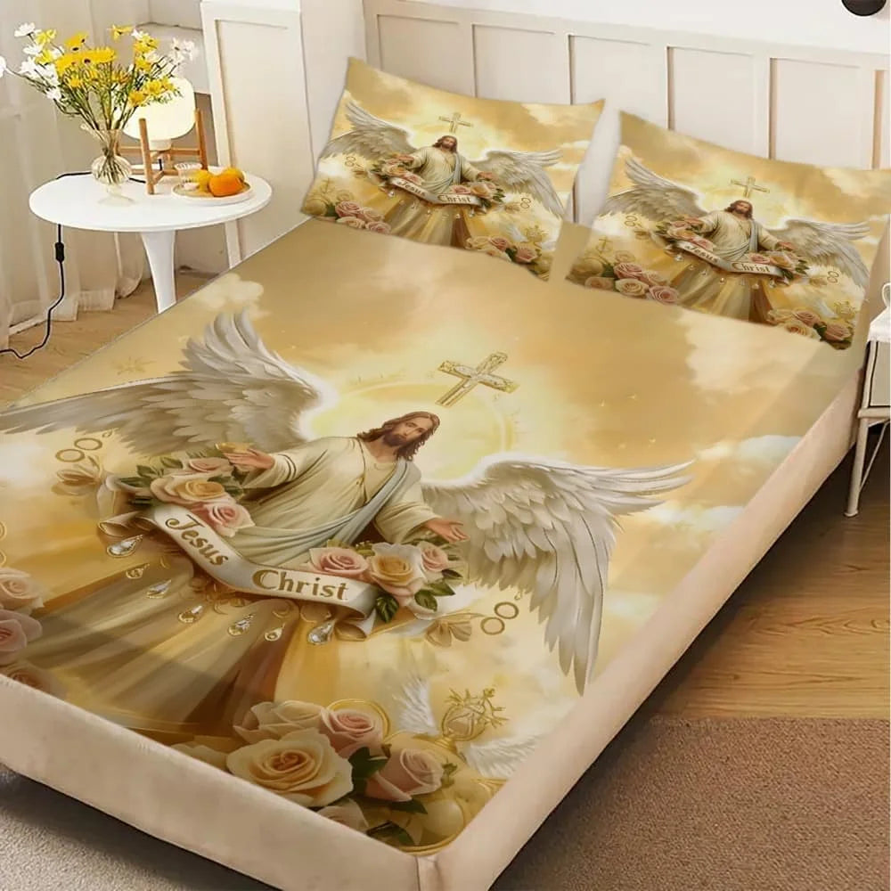 1pc Angelic Jesus Christ Print Fitted Sheet Deep Pocket Elastic Mattress Cover