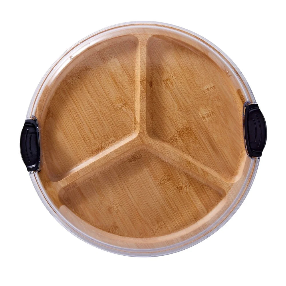 Round Bamboo Charcuterie Board 14 Inch 3 Compartments Locking Lid