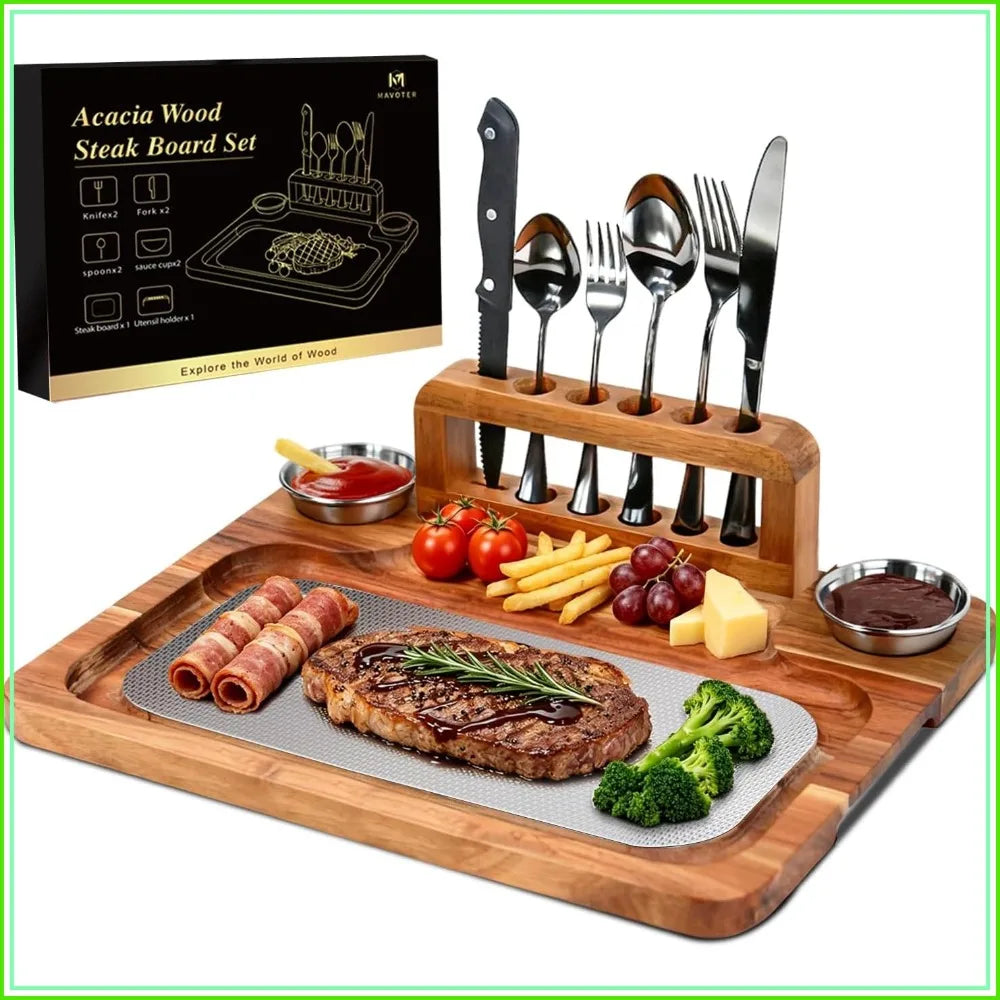 16.5" Acacia Wood, Magnetic Charcuterie Board Serving Platter with Cutlery & Sauce Cup