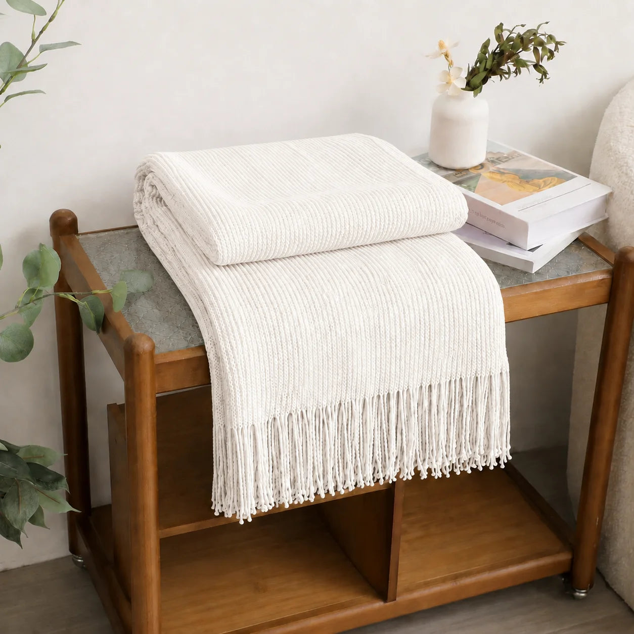 Cream Popcorn Bobble Textured Knit Throw Blanket with Tassel Fringe,