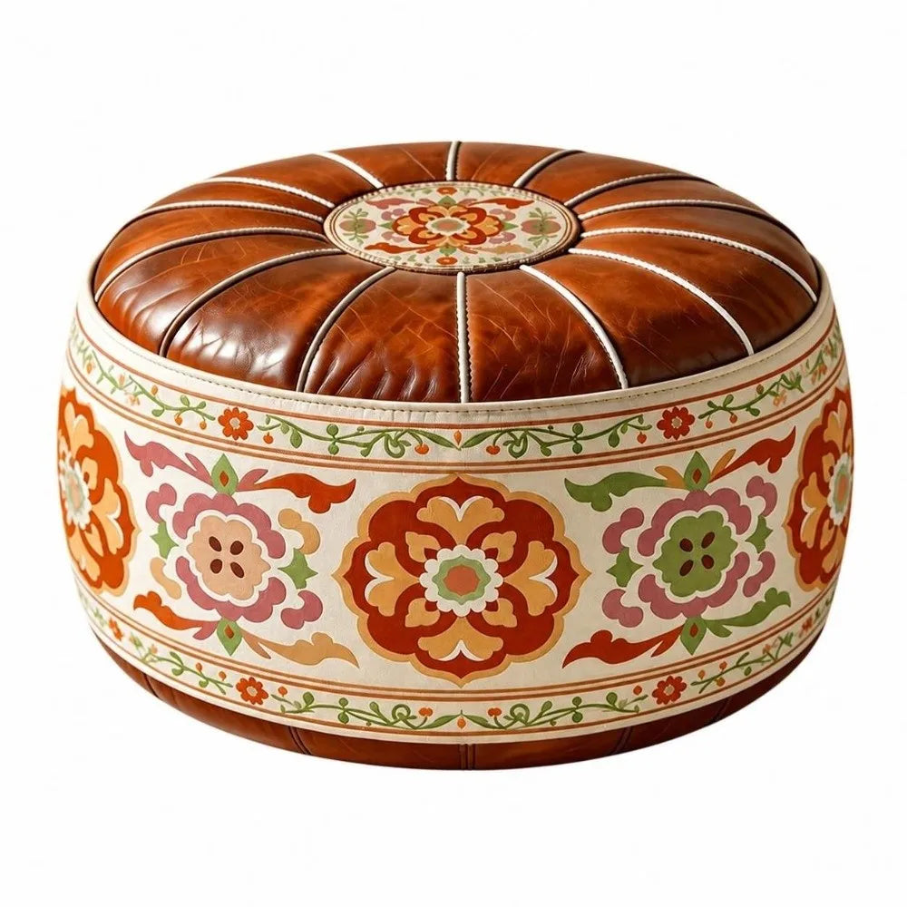 Leather Fillable Ottoman Pouf Round Shape Moroccan Style Storage