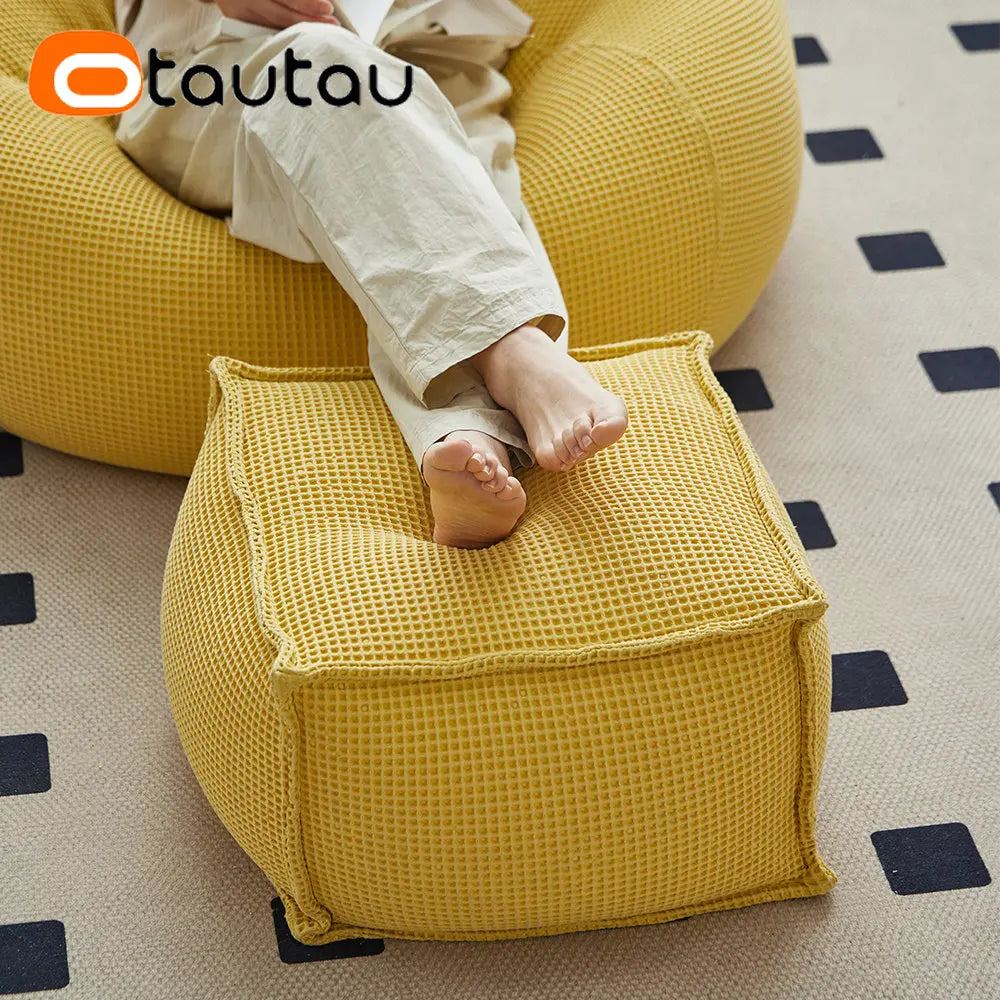 OTAUTAU 100% Pure Cotton Waffle Beanbag Stool Ottoman with Filling Square