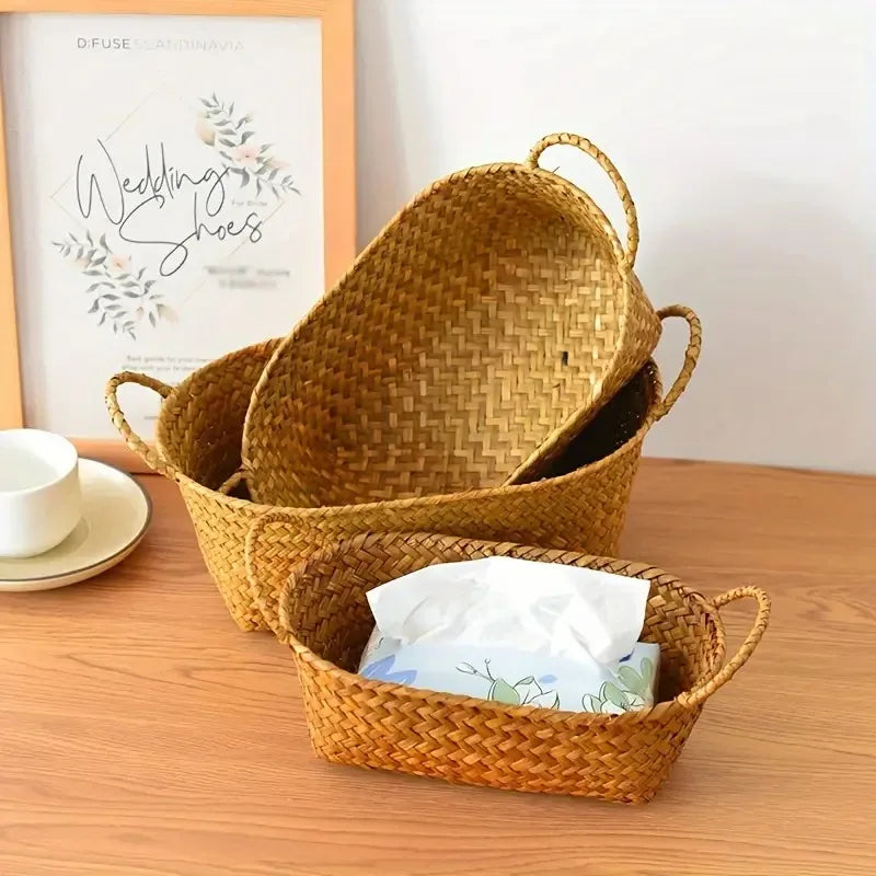 Woven Storage Basket  Double-Handled Rattan Basket
