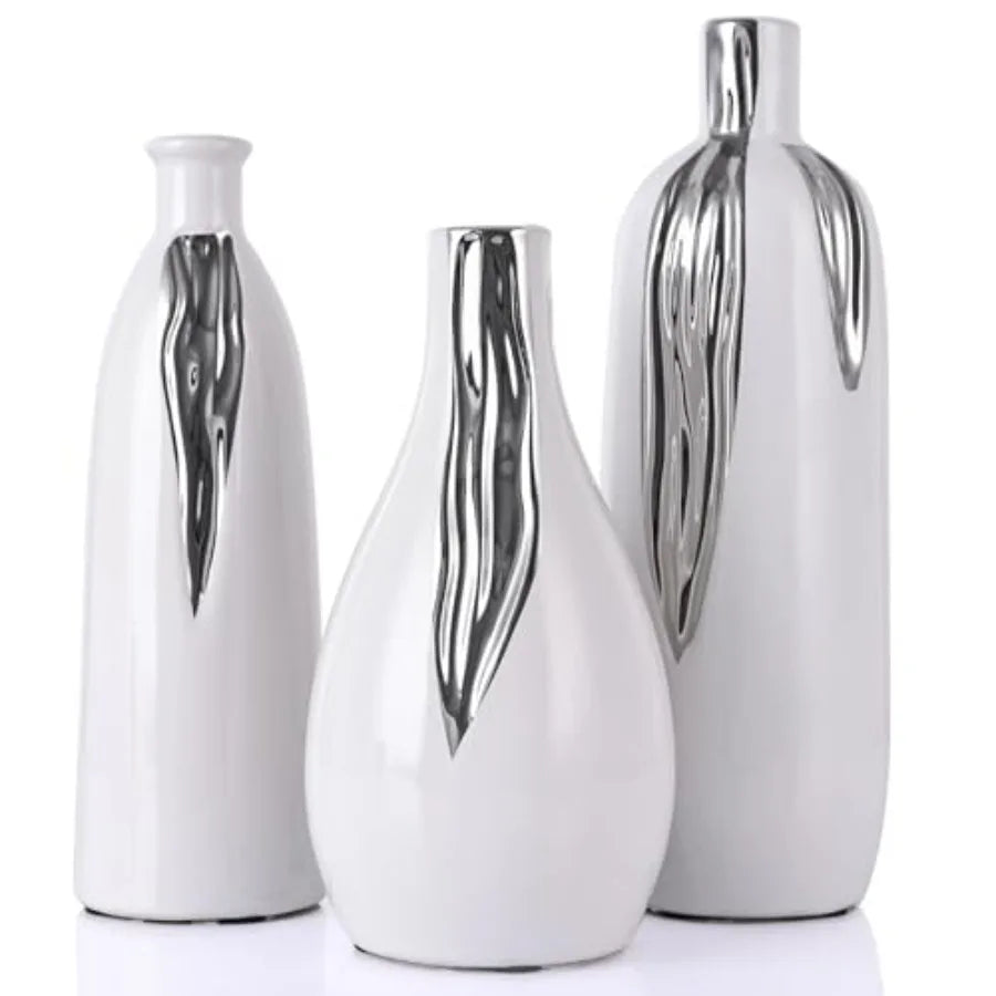 Ceramic Vase 3 Pcs Set, White and Silver Vases for Home Decor, Decorative Vases for Mantels, Shelves and Entryway Decor, Dining