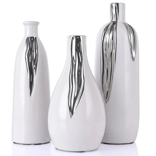 Ceramic Vase 3 Pcs Set, White and Gold Vases